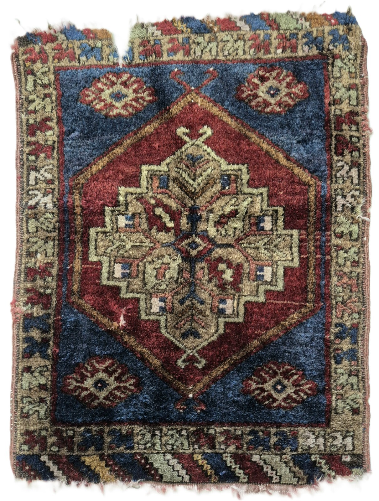 Antique Yesilova Hand-Knotted Wool Rug Fragment 21×27”, 100 yo Anatolian Rug