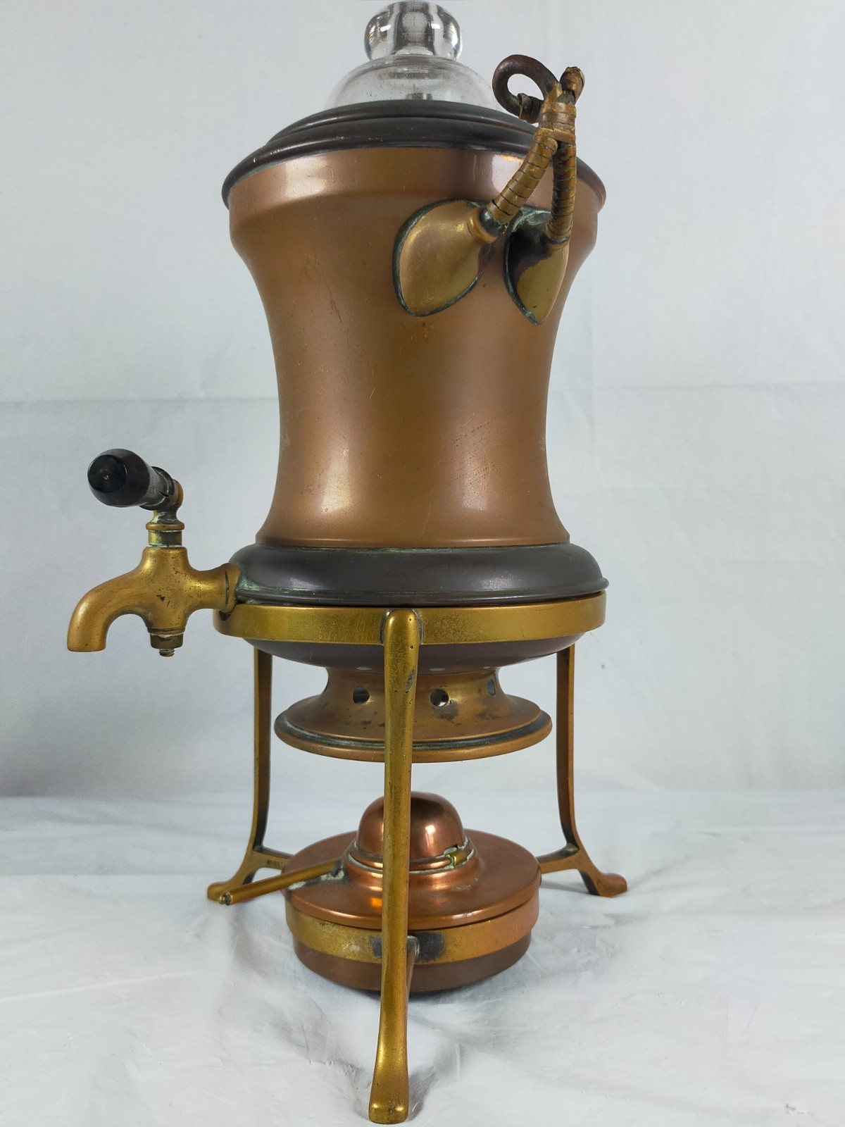 Antique Copper Coffee Brass Footed Percolator Urn spirit burner Glass Lid 657224