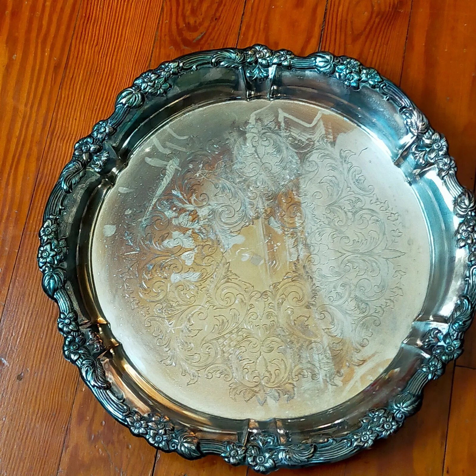 Vintage Silverplate Footed Round Tray/ Plate 15″ Diameter