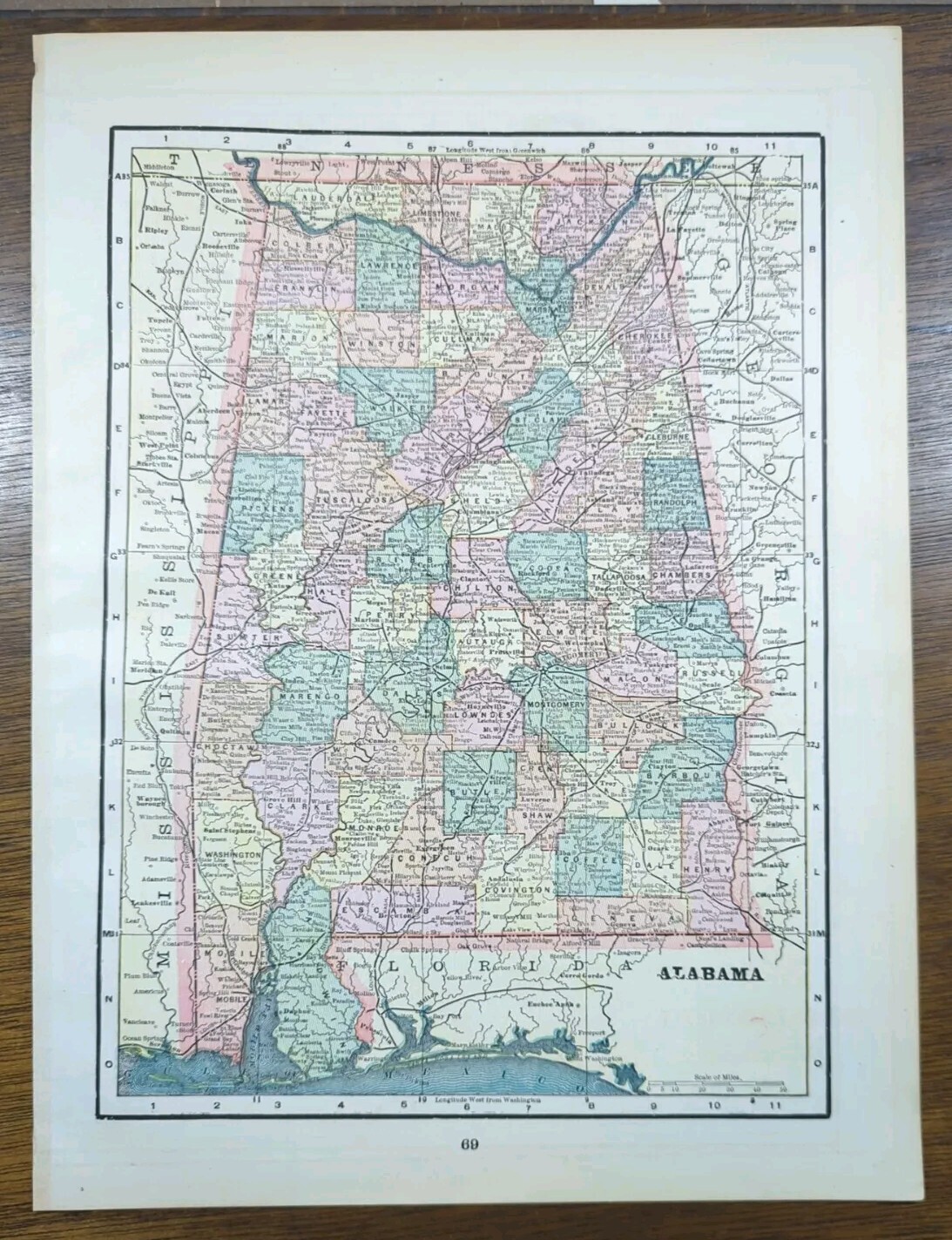 Vintage 1897 ALABAMA Map 11″x14″ Old Antique Original HUNTSVILLE MONTGOMERY AL