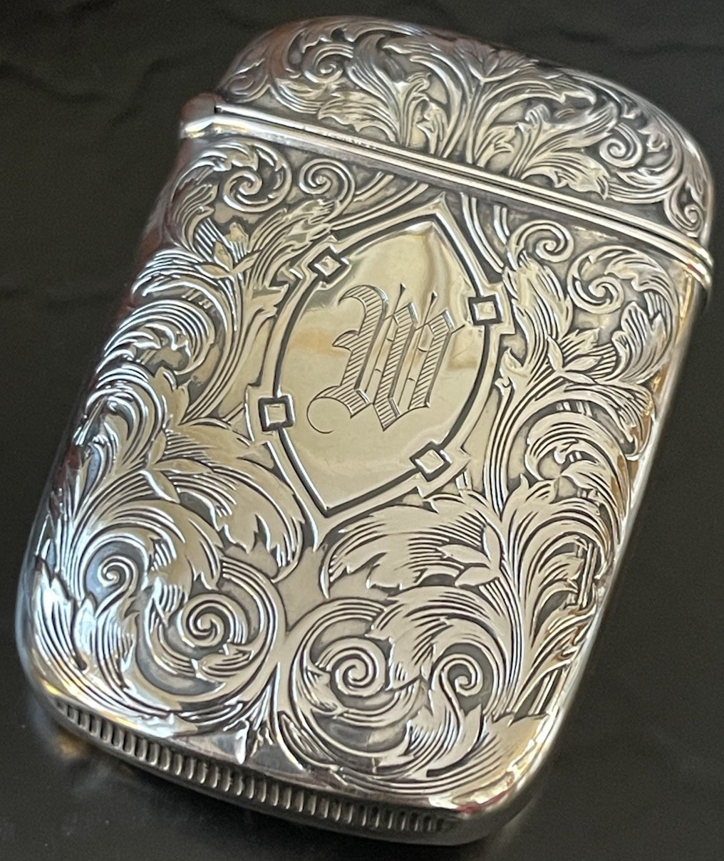 Rare Antique Sterling Silver Vesta Case Match Safe American 2.6” Mono W c1890