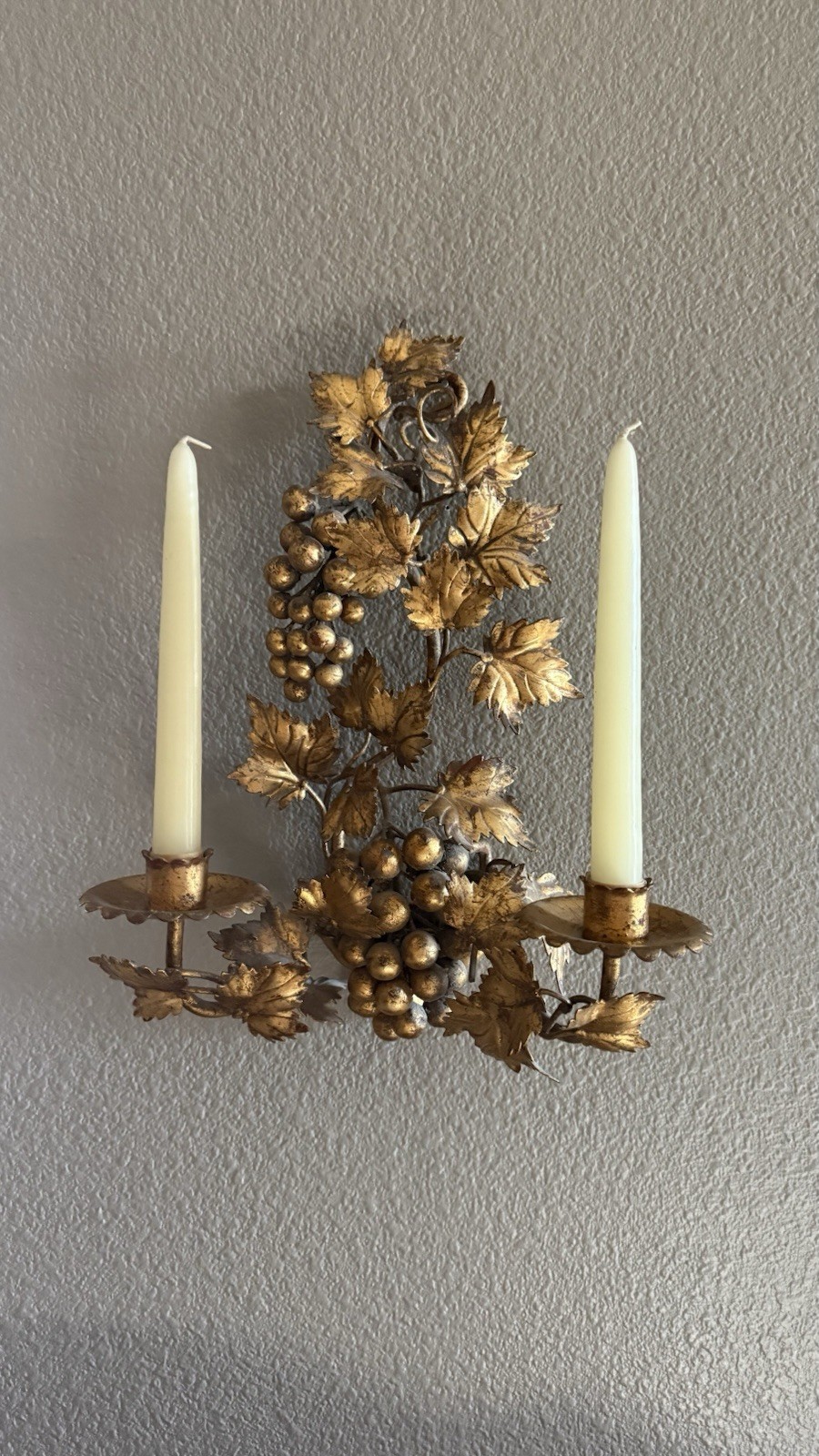 Mid-Century Italian Florentine Gilt Metal 2-Candle Tole Sconce Wall Sculpture