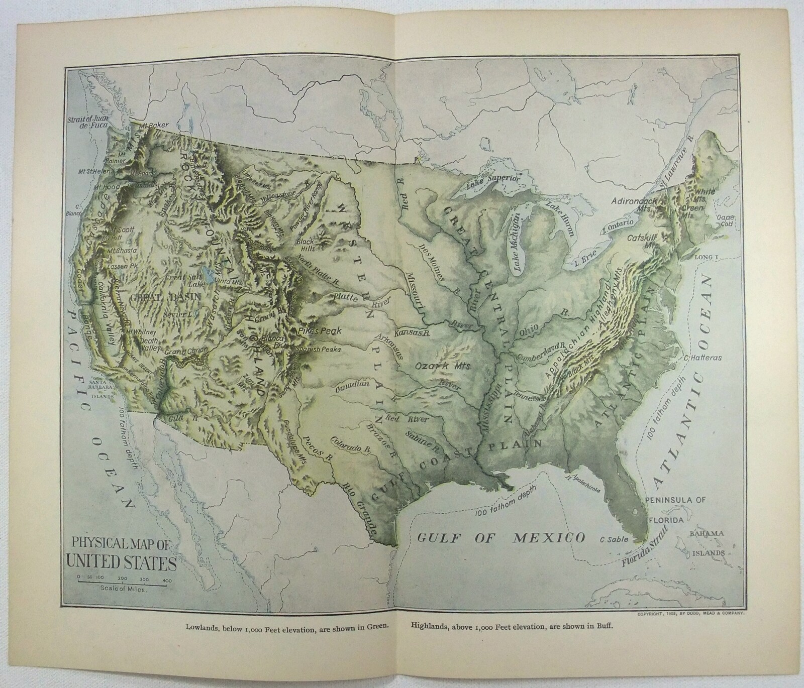 USA – Original 1903 Physical Map by Dodd Mead & Company. Antique