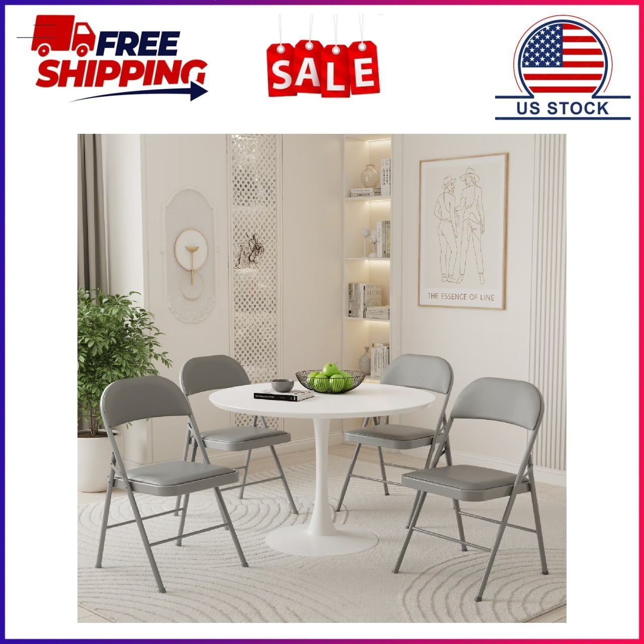 Gianna 4-Pack Folding Chairs, Dining Chairs with Cushioned Seat and Back for Ind