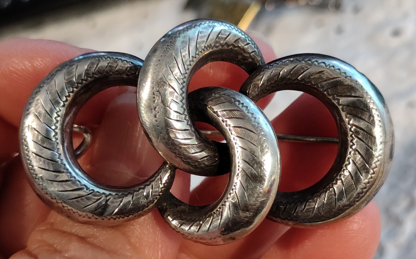 Victorian Sterling Love Knots Etched 2″ Pin Hinged C-Clasp 9.4g Unmarked