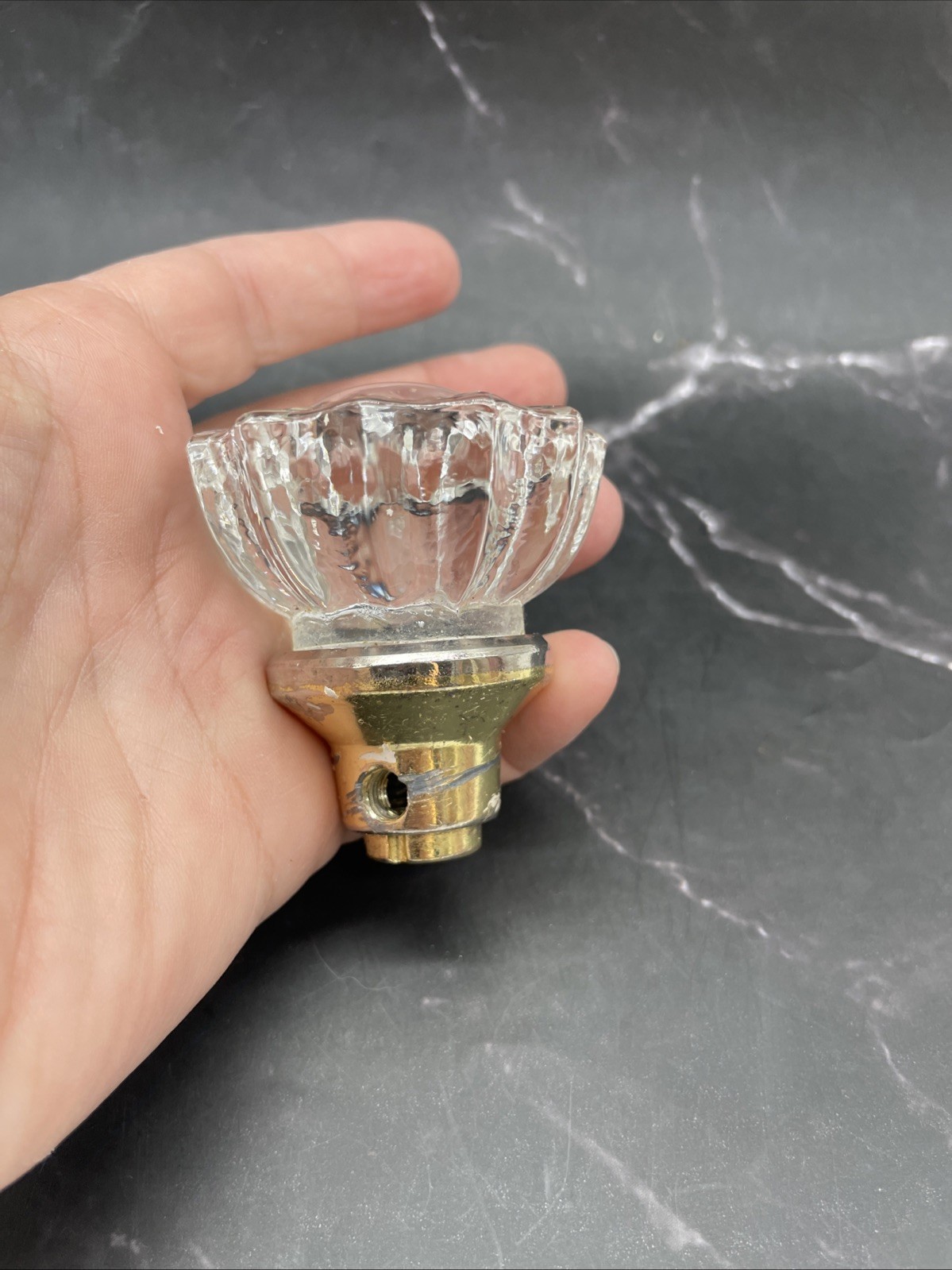 12 Sided Glass Starburst Door Knobs W/Brass Base Pair (2) 1920’s-1930’s Vintage