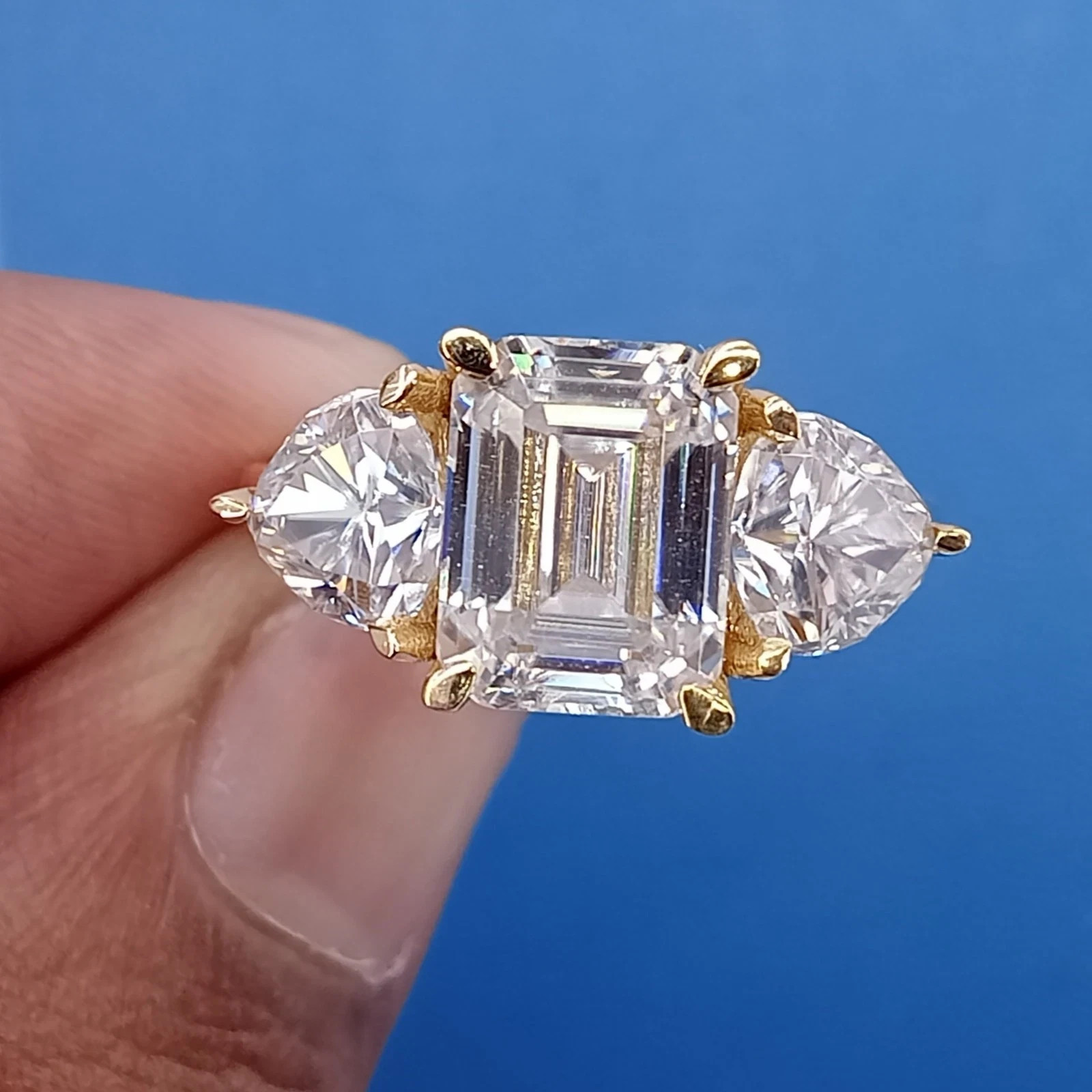 3Ct Emerald Cut Lab Created Diamond Three Stone Ring 14K Yellow Gold Plated
