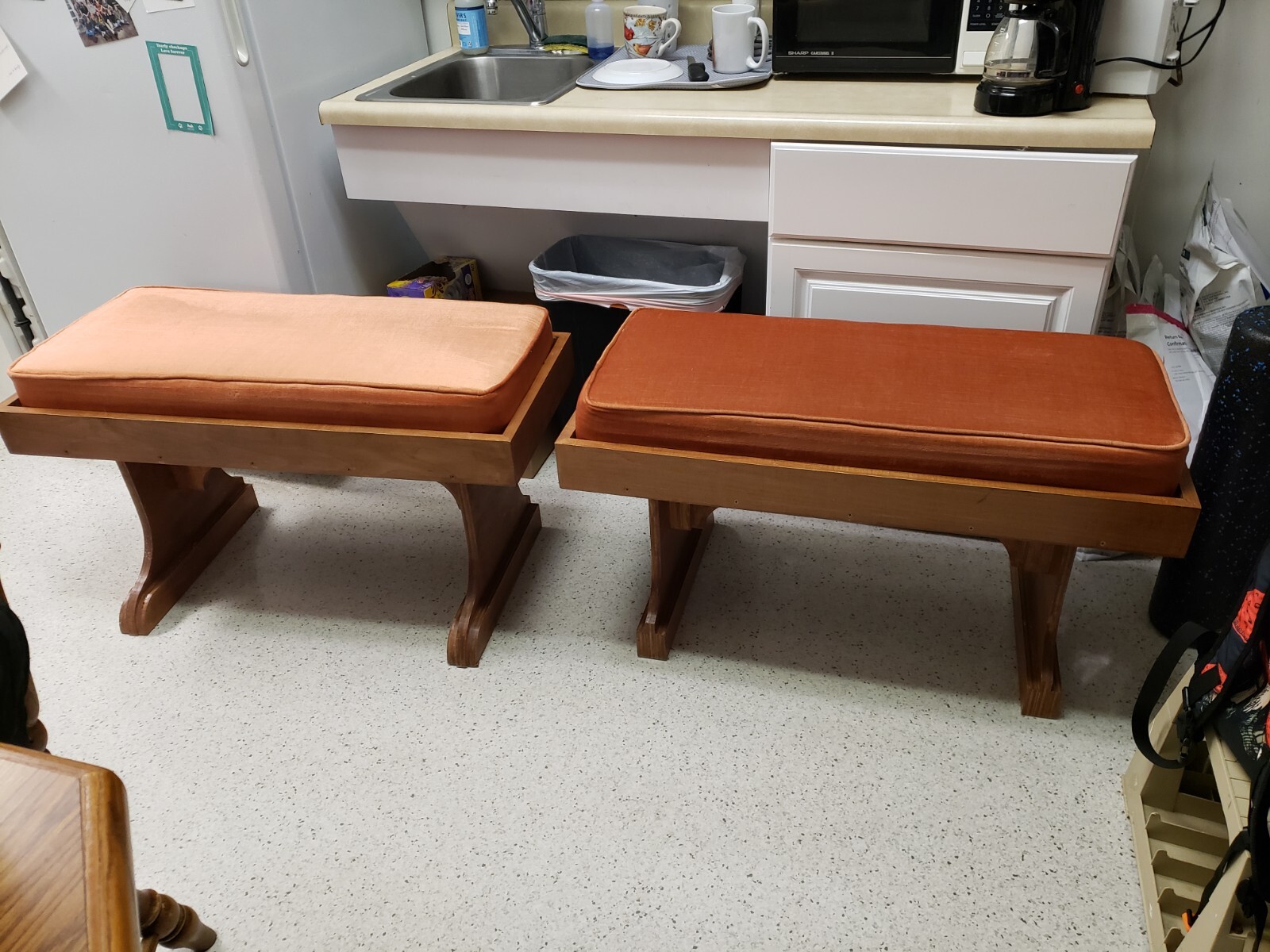PAIR Of Vintage Orange Velvet & Wood Benches