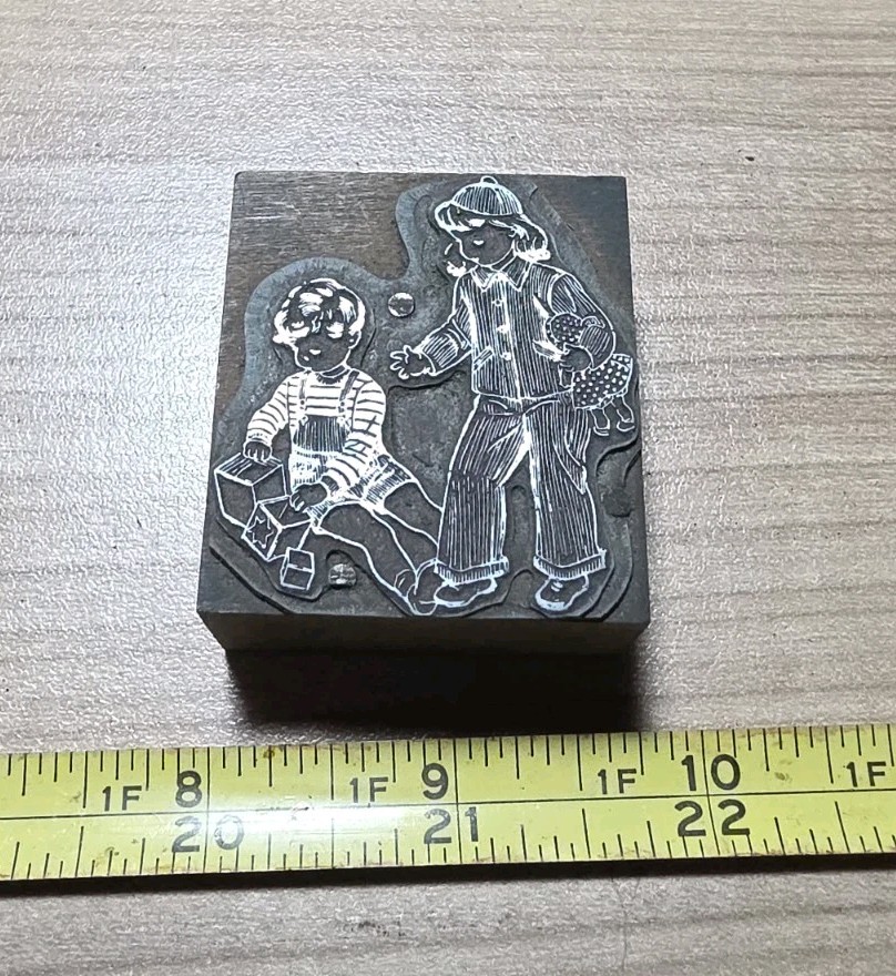 Vintage Letterpress Printing Block Children Playing with Toys Blocks Doll