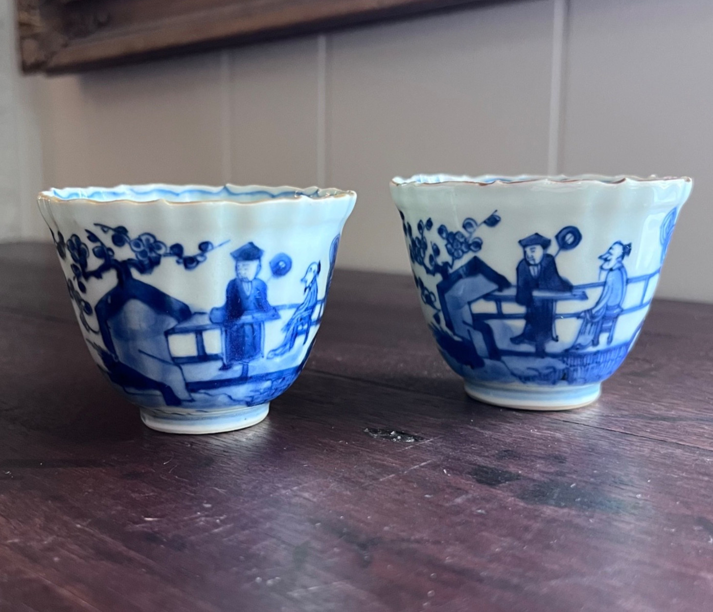 Pair 18th C. Chinese Export Blue & White Porcelain Fluted Tea Bowls Scholars