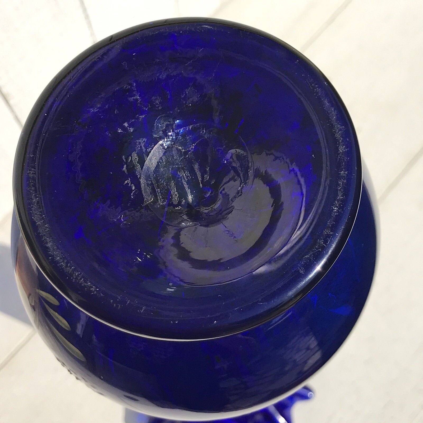 Antq Victorian Cobalt Blue Blown Glass Bulb Vase Hand Painted Gold Vtg Floral