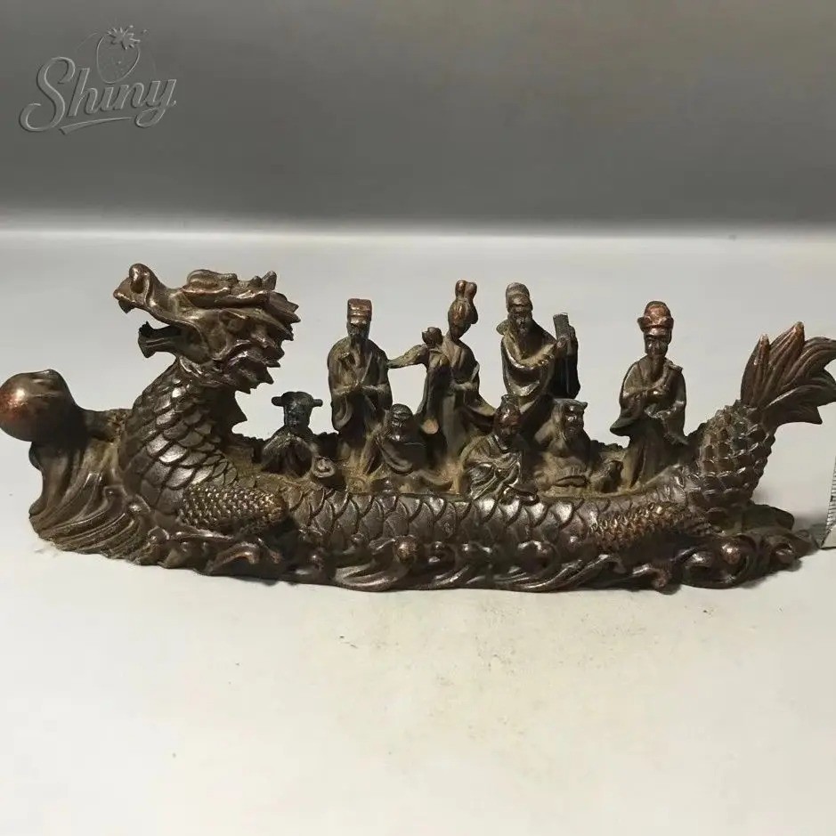 Ancient Chinese Antique Bronze Eight Immortals Dragon Boat Statue