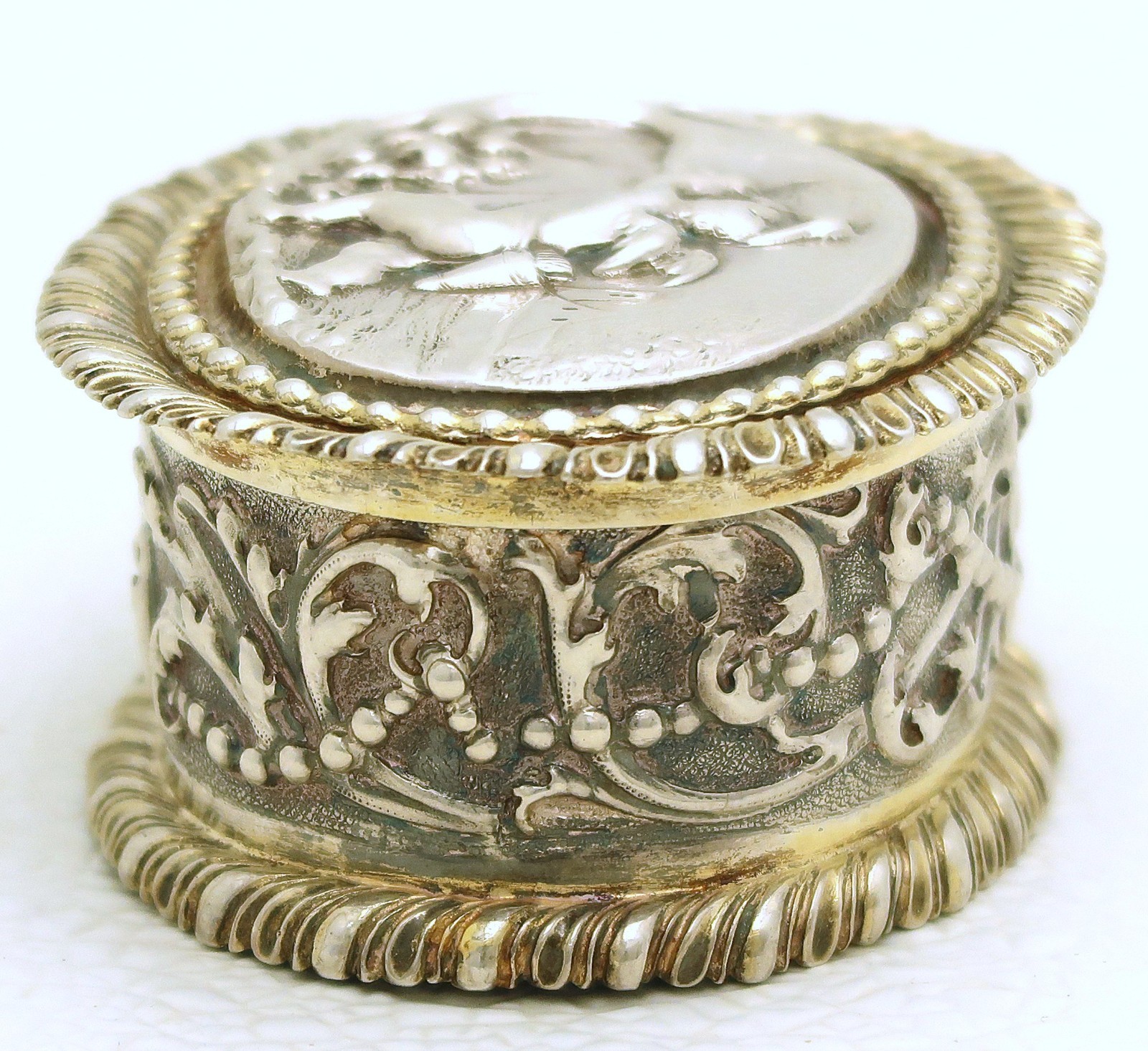 Riga Solid Silver Gilt Curio Box Figural Cherub Mining Marked IB circa 1700
