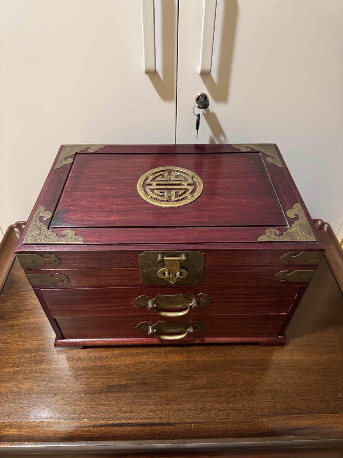 Vintage Chinese Style Wooden Jewelry Box Chest Brass Hardware Ring Storage