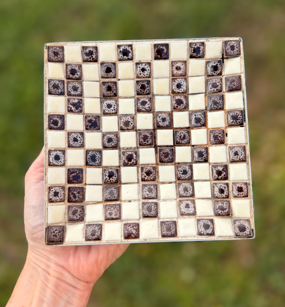 VTG Atomic-MCM-1960’s Ceramic Mosaic Tile Dish Plate Ashtray Beige Brown 5” Sq.