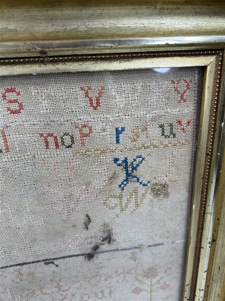 antique lemon gold frame sampler Christian & steam boat Erie 22x19x2 mid 1800s