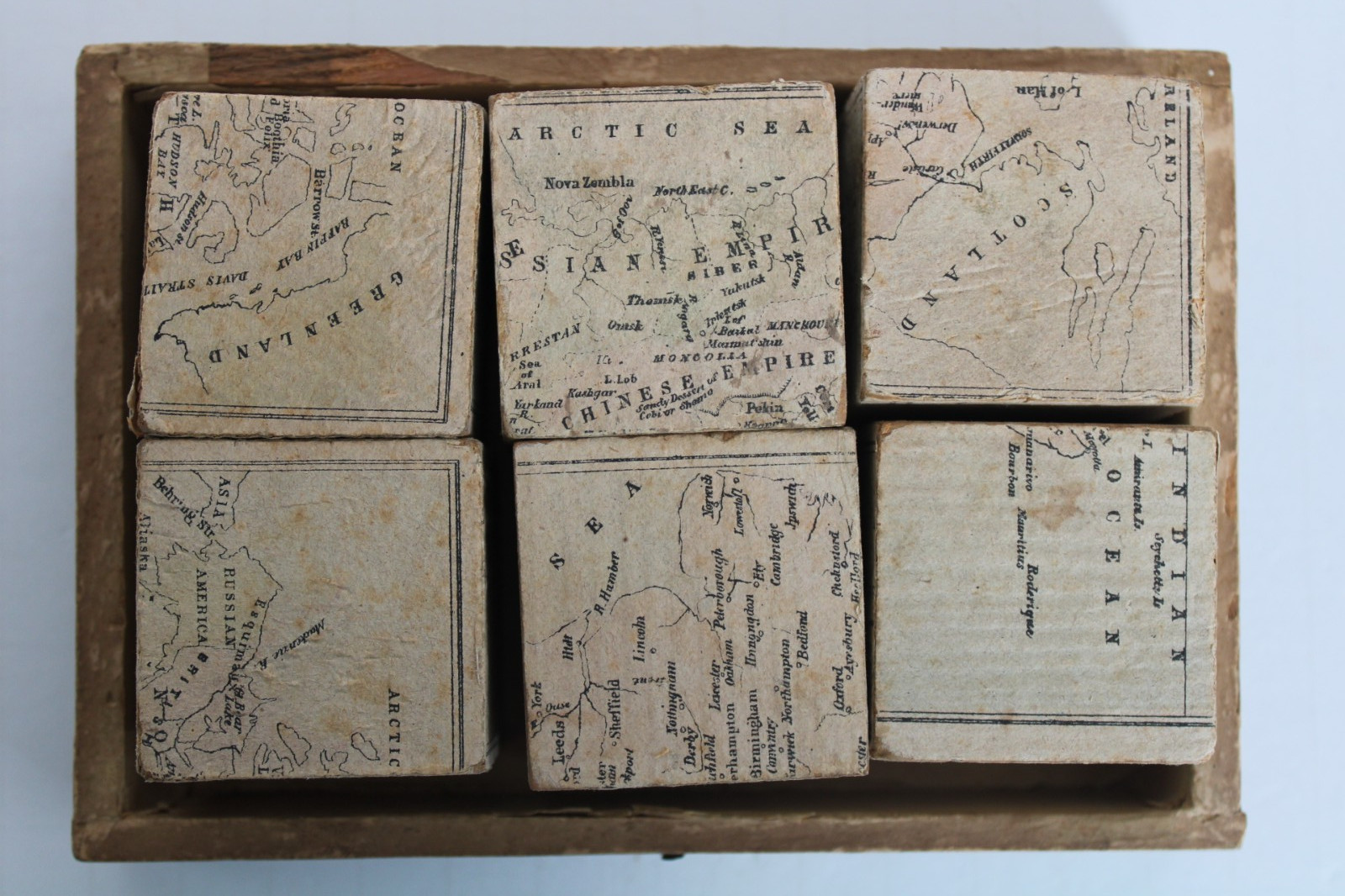 RARE Early / Mid-19th Century Lithograph Geography Map Child’s Toy Blocks w/ Box