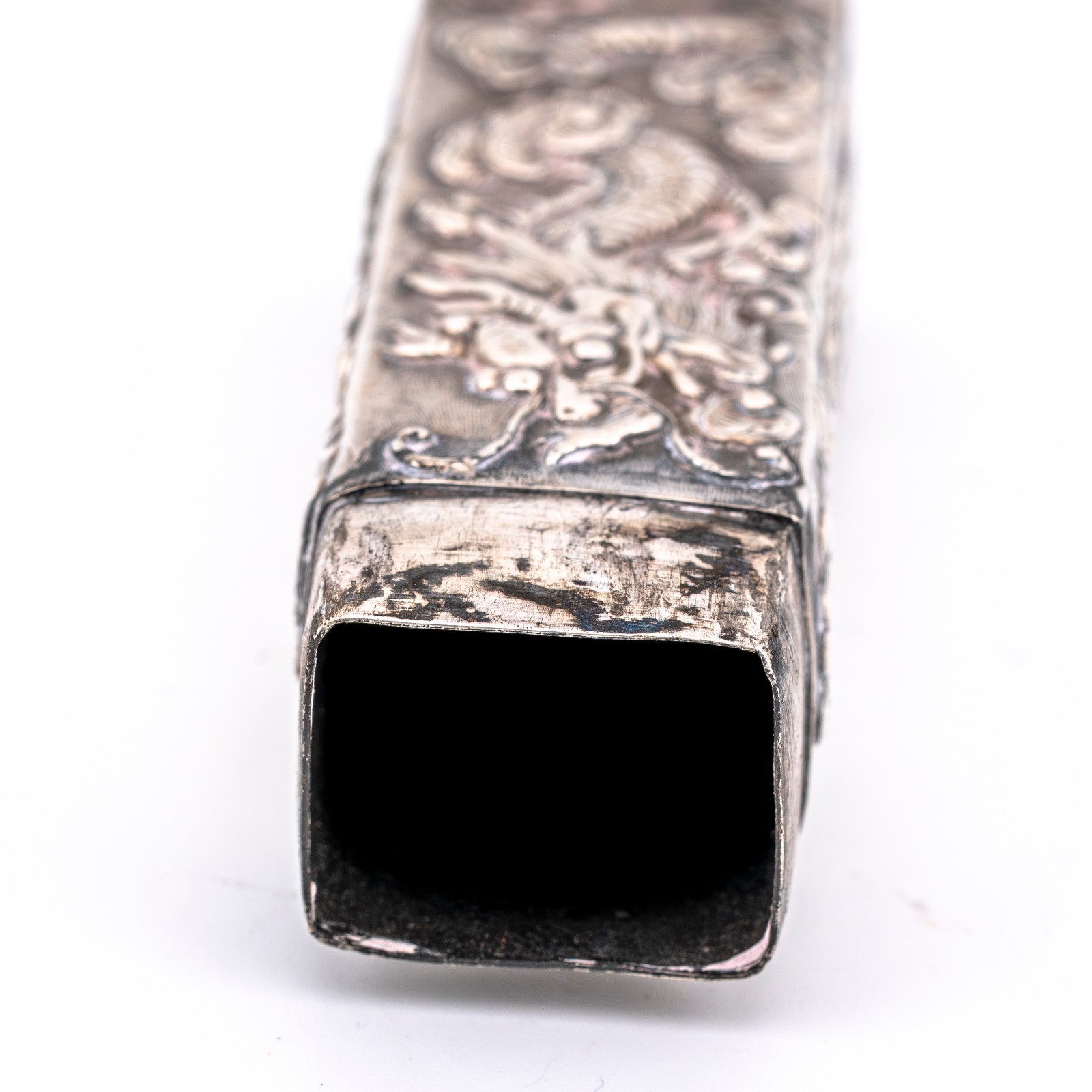 Chinese Solid Silver Dragon Pearl Case Box Qing Marked Canton Late 19th C