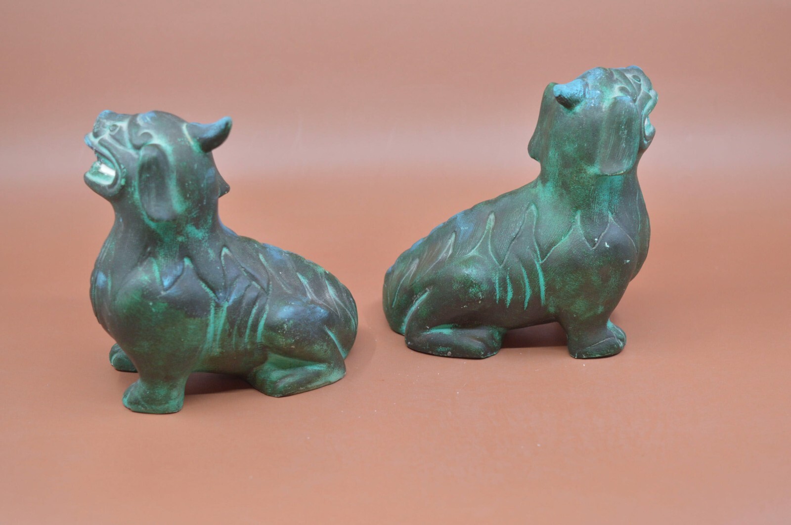 Antique, Chinese, ceramic, matte , pair Fu lions, 6 inches tall