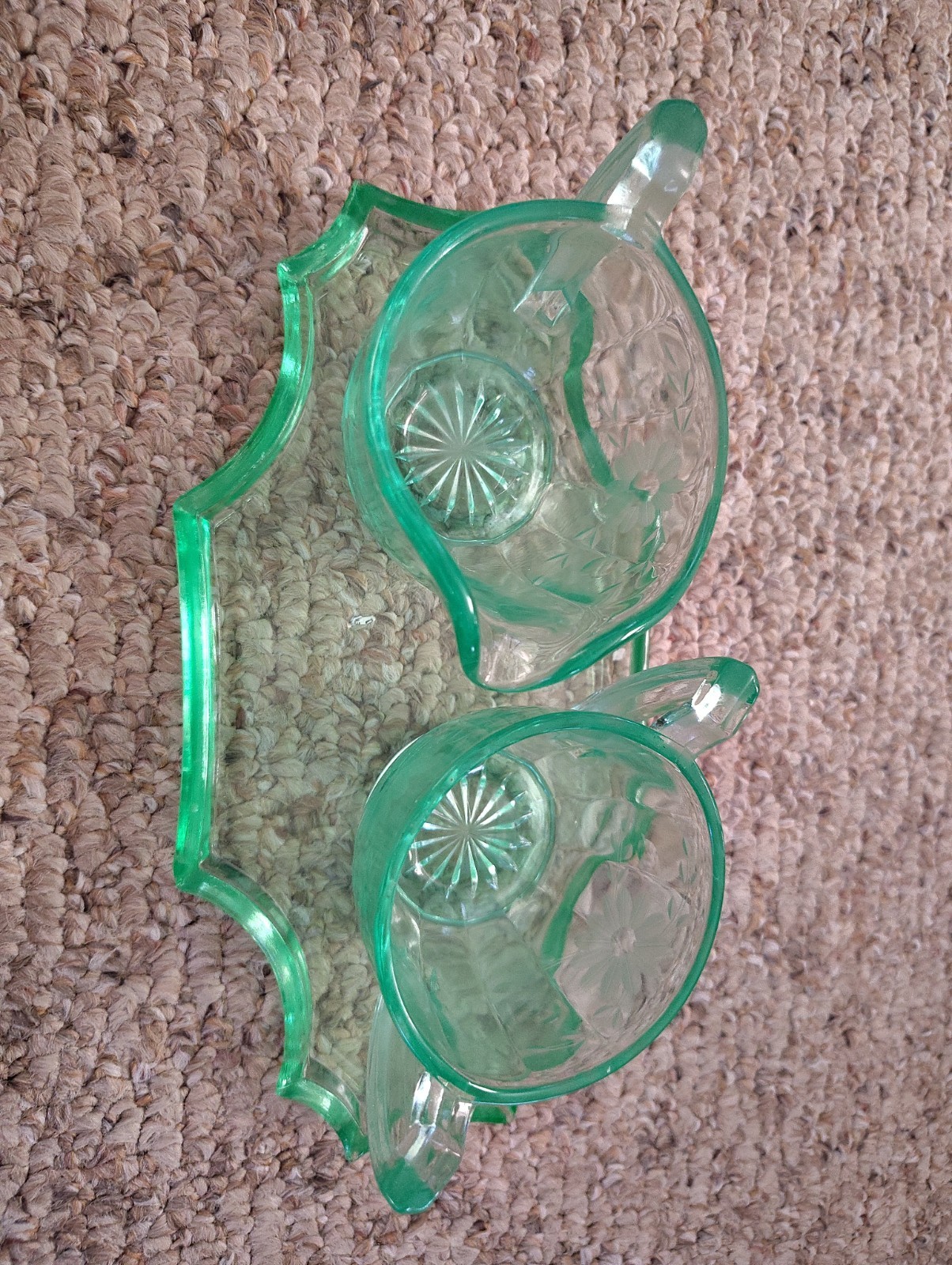 Antique Uranium Vaseline Green Glass Edged Serving Tray Cream Sugar