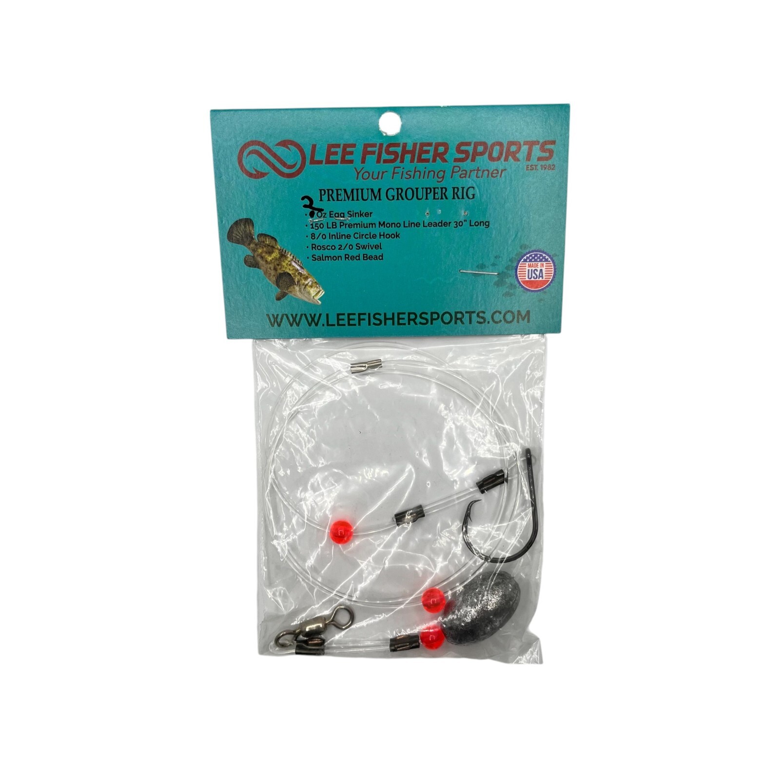 GROUPER RIG 5 OZ SINKER, 150 LB MONO LINE, INLINE CIRCLE HOOK Made in USA