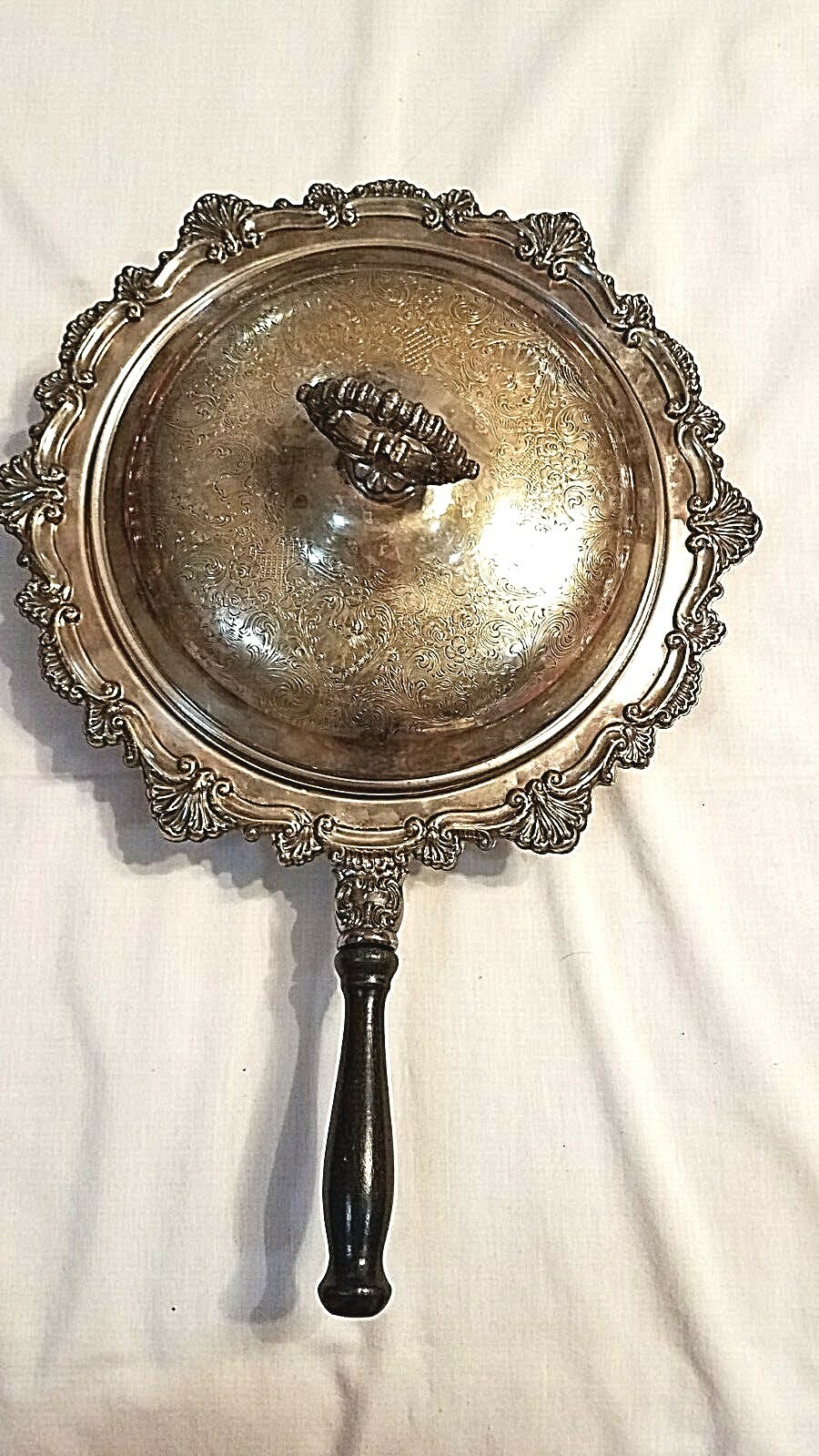 Antique Silver Plated Chaffing Pan Dish with Wood Handle Lid and Glass Insert