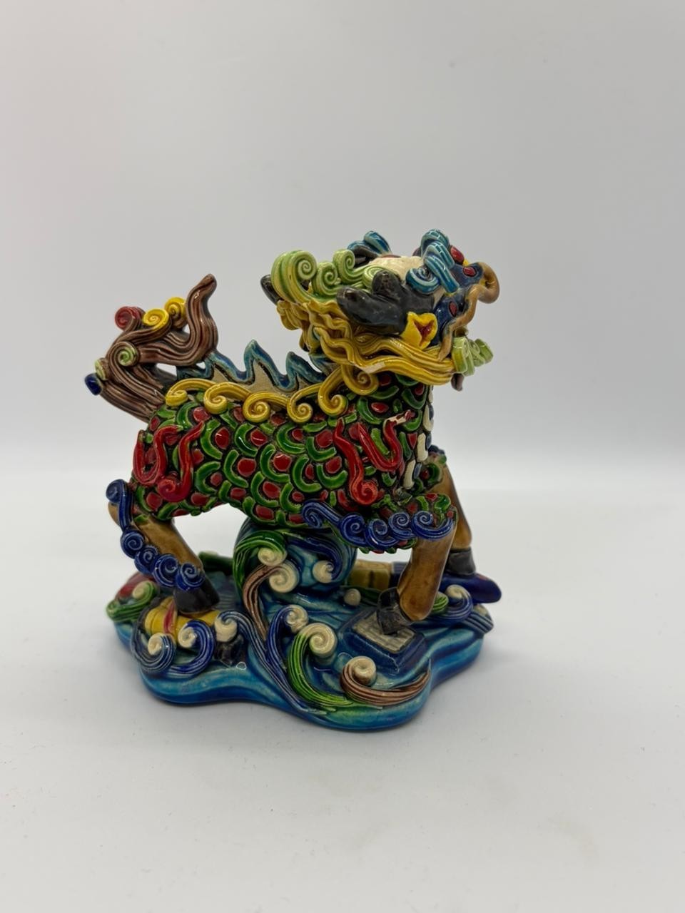 Chinese Qilin Kylin Ceramic Figurine Multicolor Glazed Porcelain Statue Feng Shu