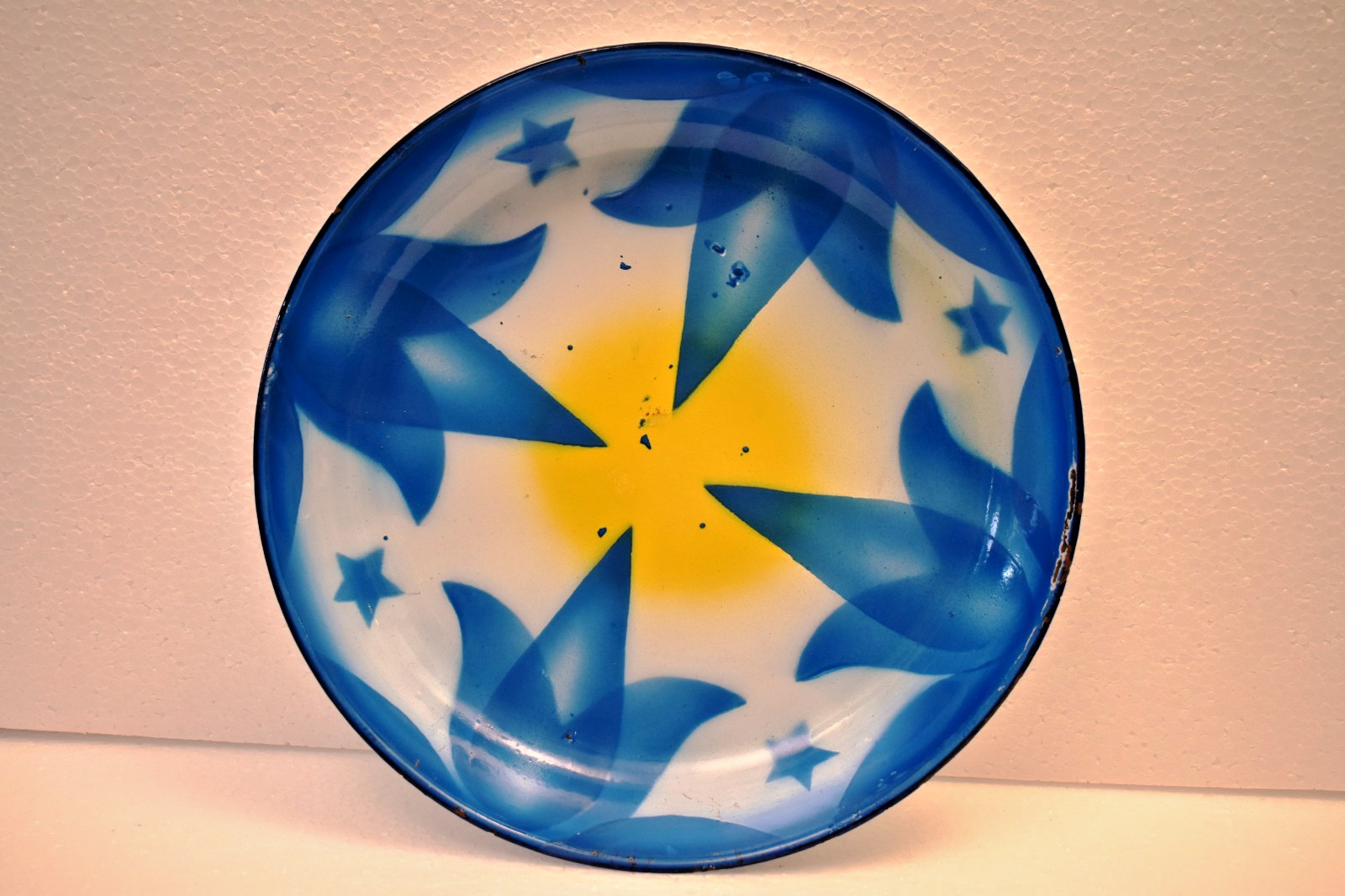 Vintage Enamel Starburst Deep Plate Shallow Bowl Mid Century Serving Dish 10in”R