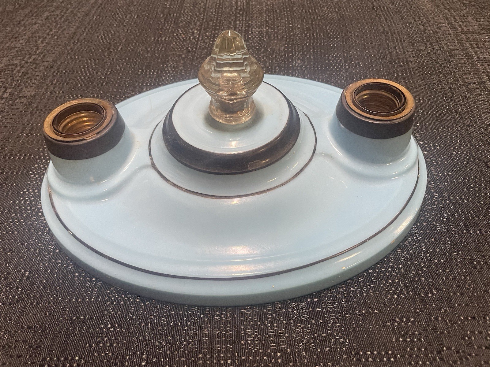 Rare Antique Vintage Blue Porcelain 2 Bulb Flush Mount Ceiling Light Fixture
