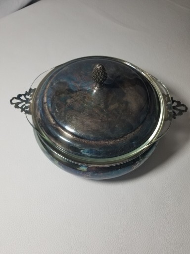 REED & BARTON 2 Quart Covered Serving Pyrex Casserole Dish 12″ Silver Plated Vtg