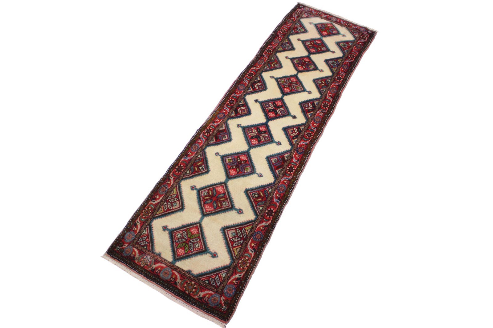Hand-Knotted Wool Runner Rug – 2.6 x 9.9 ft – Ivory Red