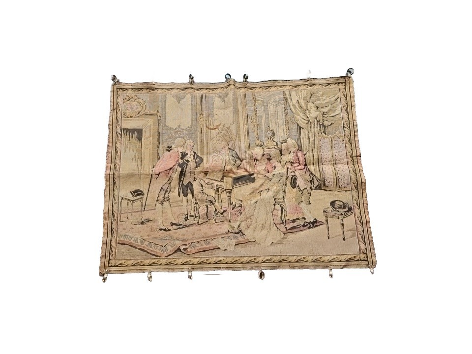 Vintage French Tapestry Antique Tapestry WallHanging Piano Music room scene33x24