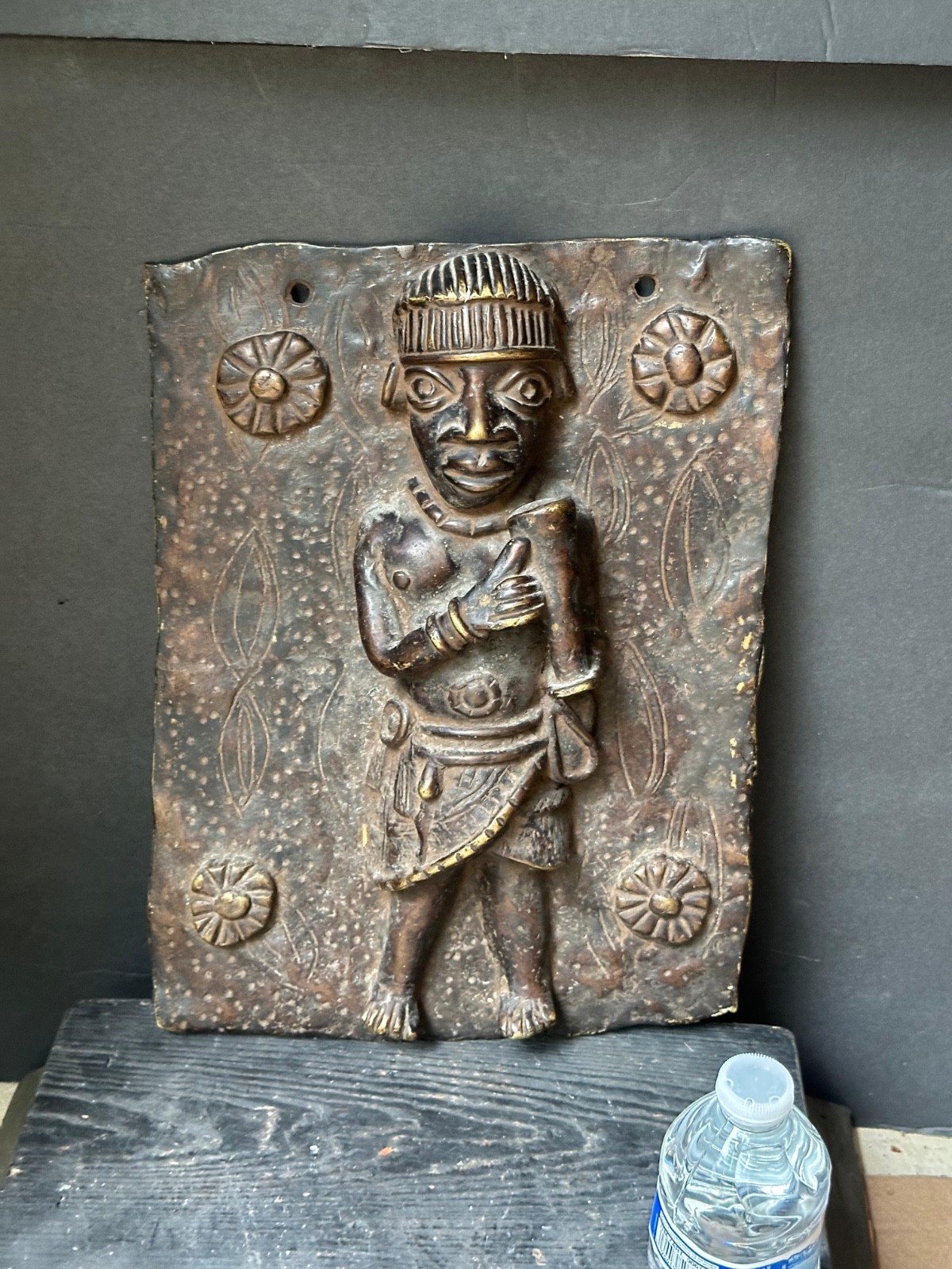 Vintage 14″ Benin Bronze Plaque | Royal Court Figure | Nigerian African Wall Art