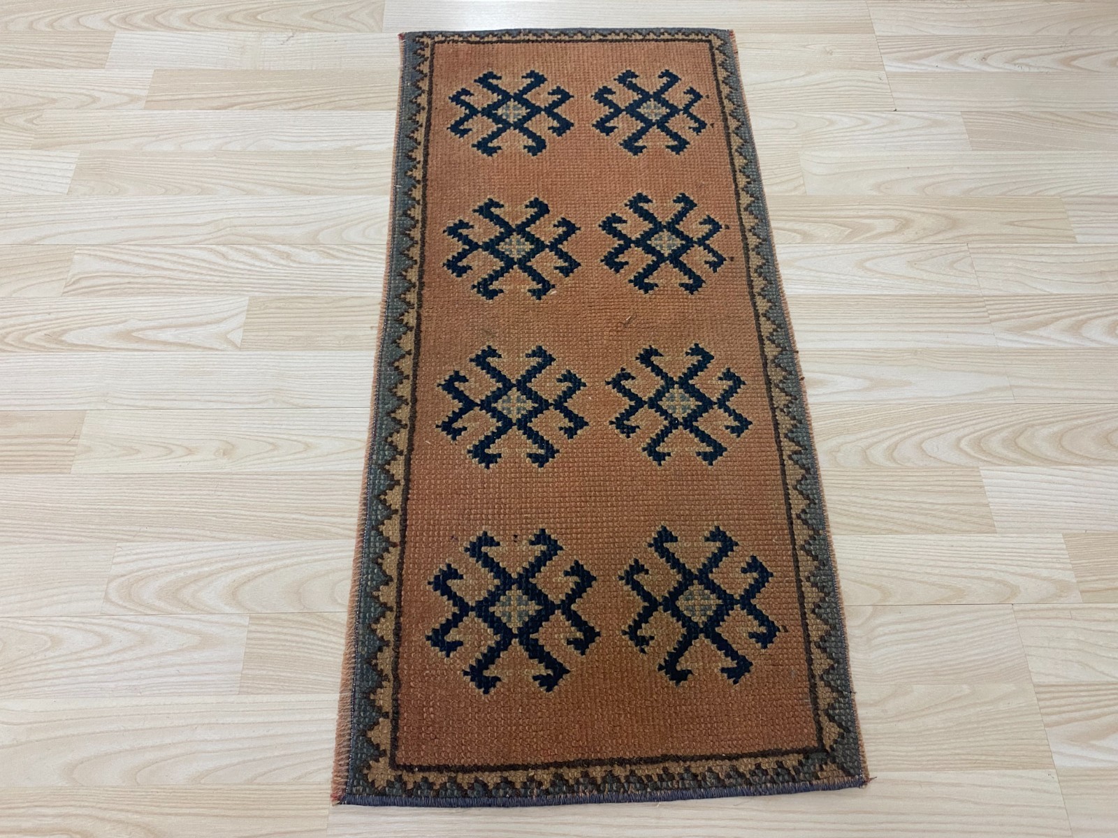 Vintage Turkish Camel Small Rug 1.3×2.8 ft Wool Minimal Geometric Decor Carpet
