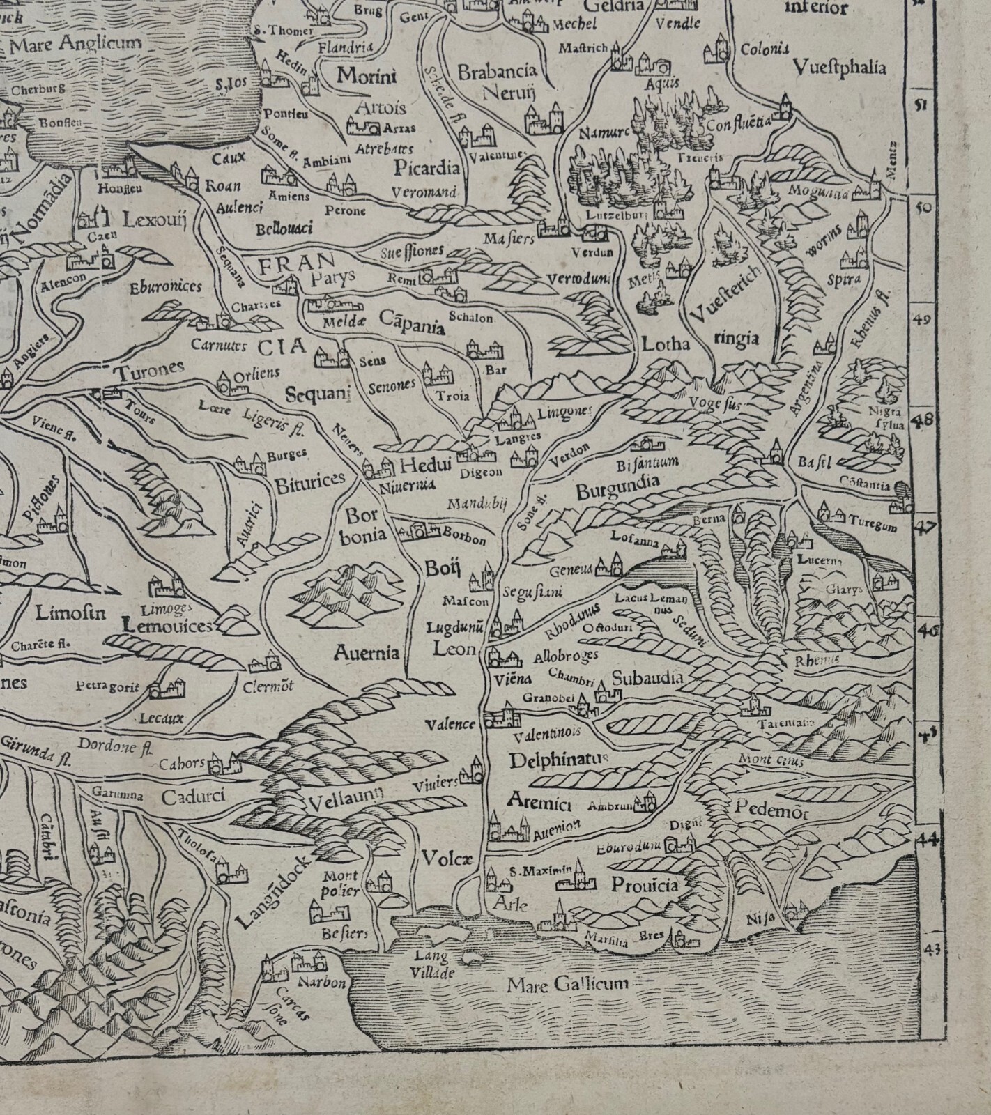 Antique c1550 Sebastian Munster MAP Galliae FRANCE from COSMOGRAPHIA UNIVERSALIS