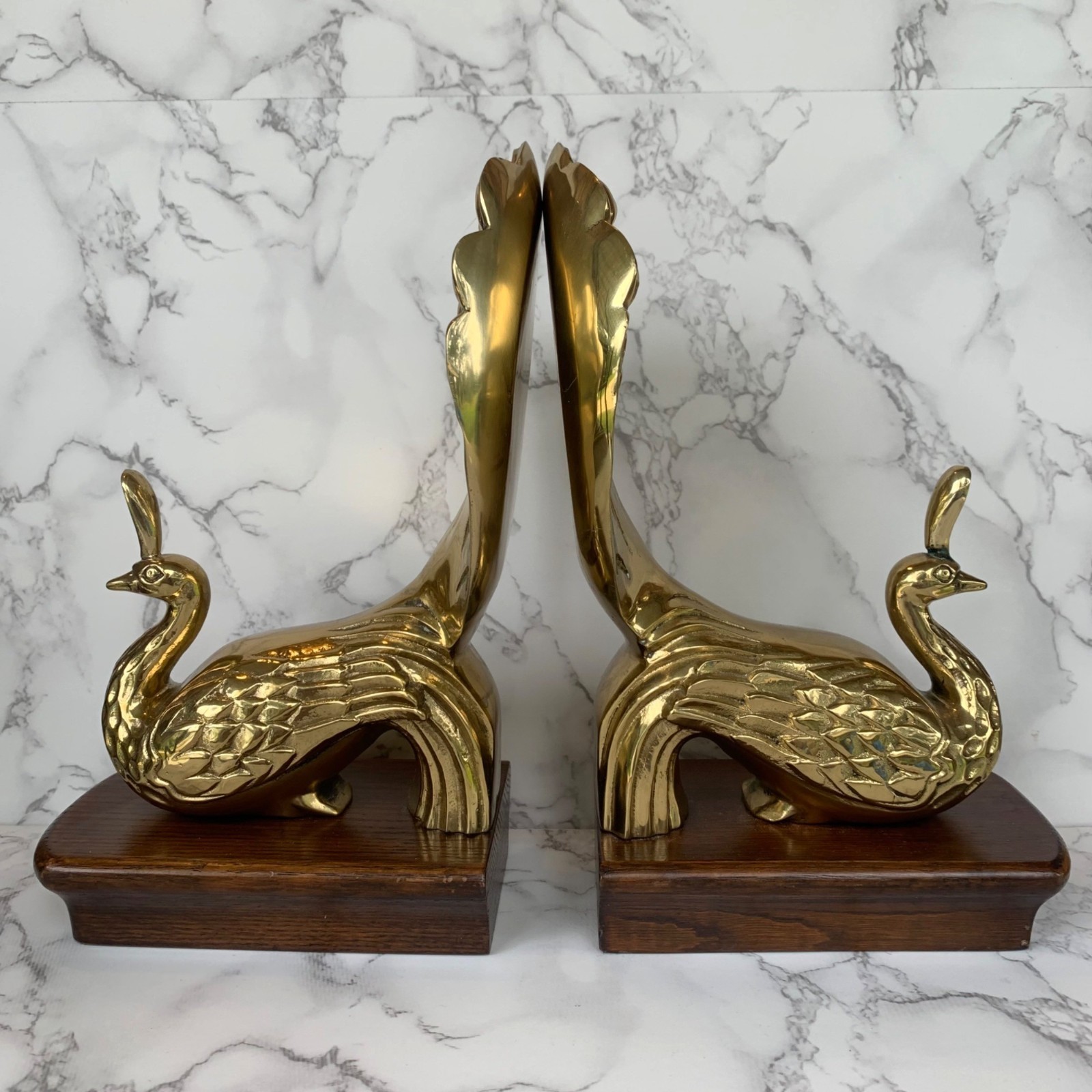 Vintage Peacock Bookends Sarreid Spain Brass Mid Century Hollywood Regency