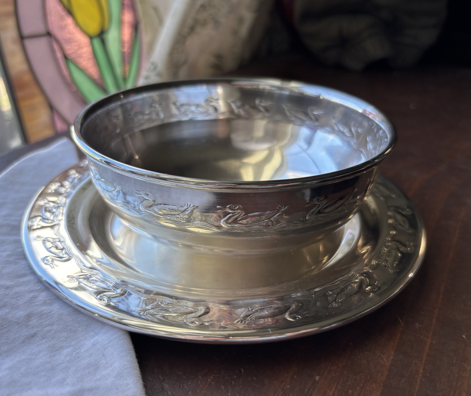 Reed & Barton Duck Child Bowl Plate Silverplate Baby Gift Christening Keepsake