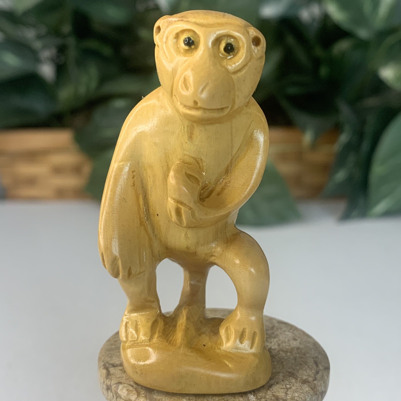 Boxwood Monkey Netsuke Figurine Hand Carved Wood Chimp Animal Statue Carving 2.6