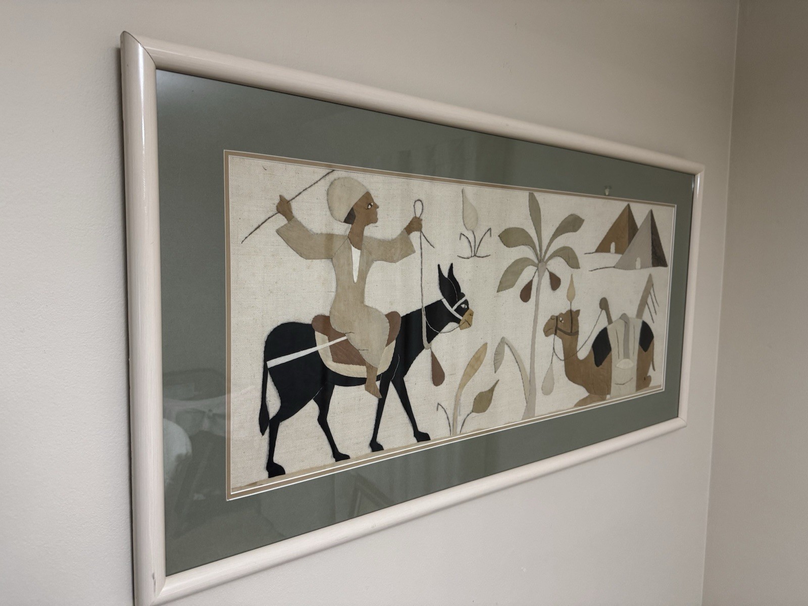 Antique Large Egyptian Revival Appliqué Wall Hanging Art Deco 1920’s Framed