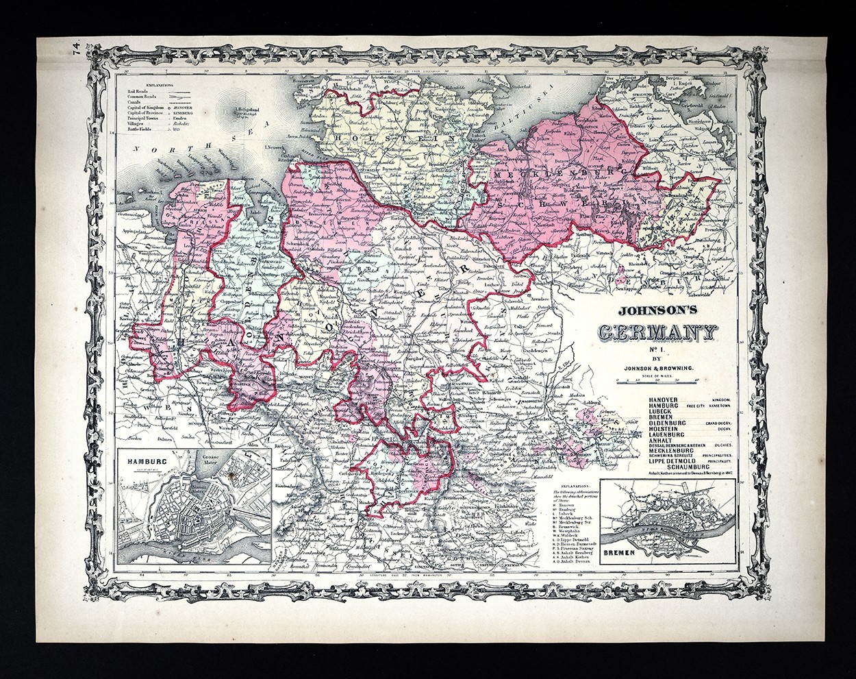 1860 Johnson Map Germany Prussia Berlin Dresden Bremen Hamburg Hanover Holstein