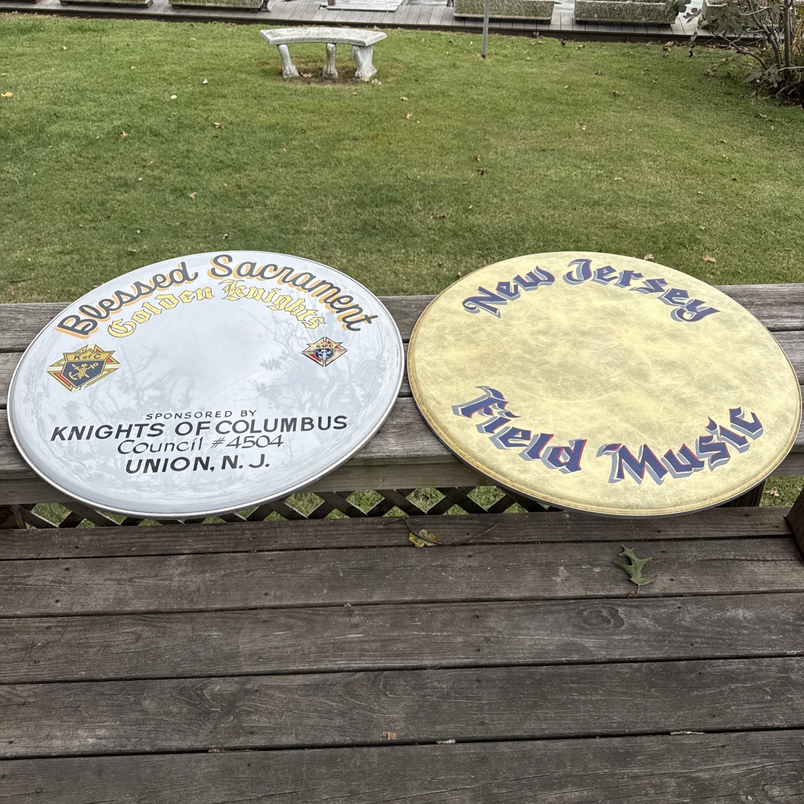 Vintage New Jersey Marching Band Bass Drum heads-Original and in amazing shape