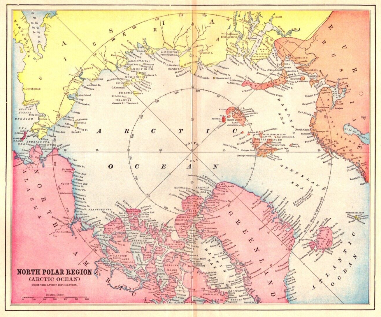 “NORTH POLAR REGIONS” Antique original map 1897