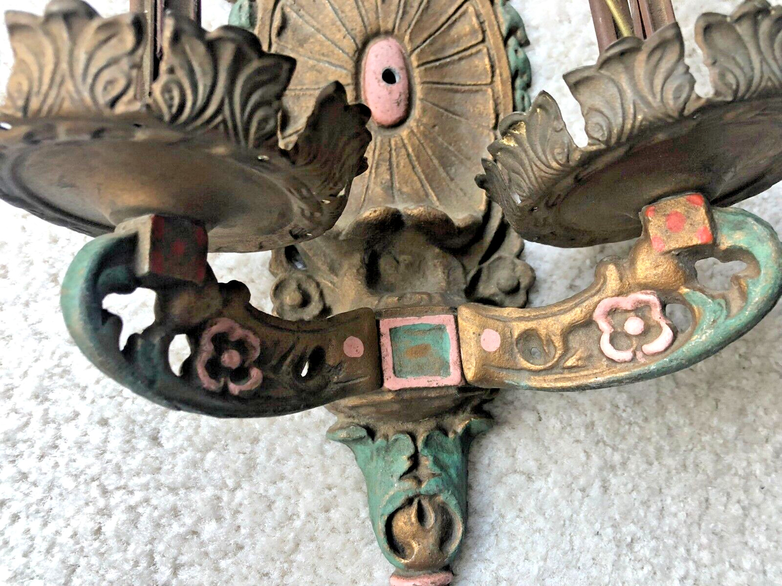 Antique Double Sconce Light Fixture Polychrome Painted Metal Western Commercial