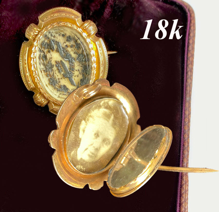 Little Antique French 18k Gold Double Locket Mourning Brooch, Napoleon III Era