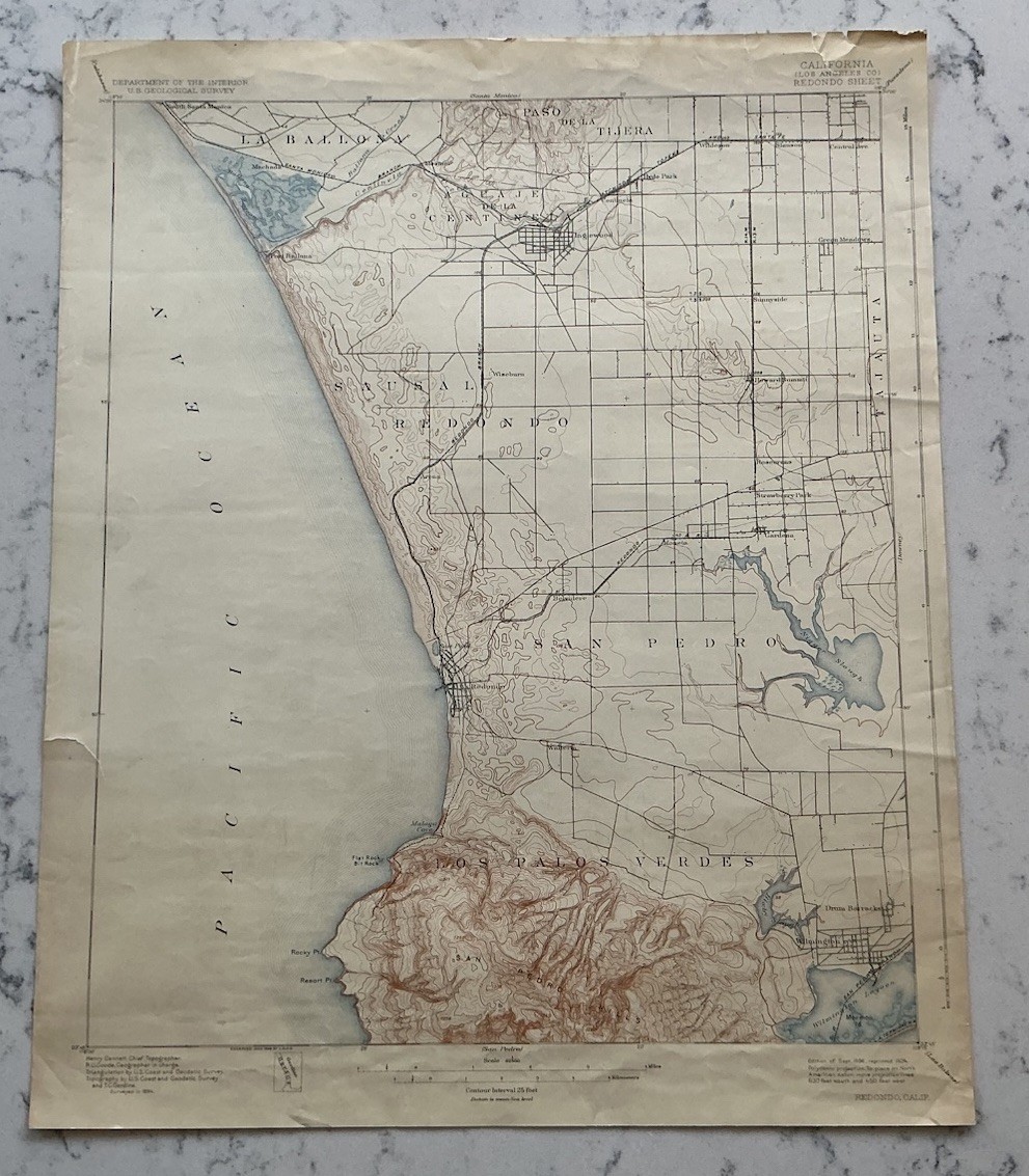 ANTIQUE REDONDO CALIFORNIA GEOLOGICAL SURVEY TOPOGRAPHICAL MAP 1924 USGS
