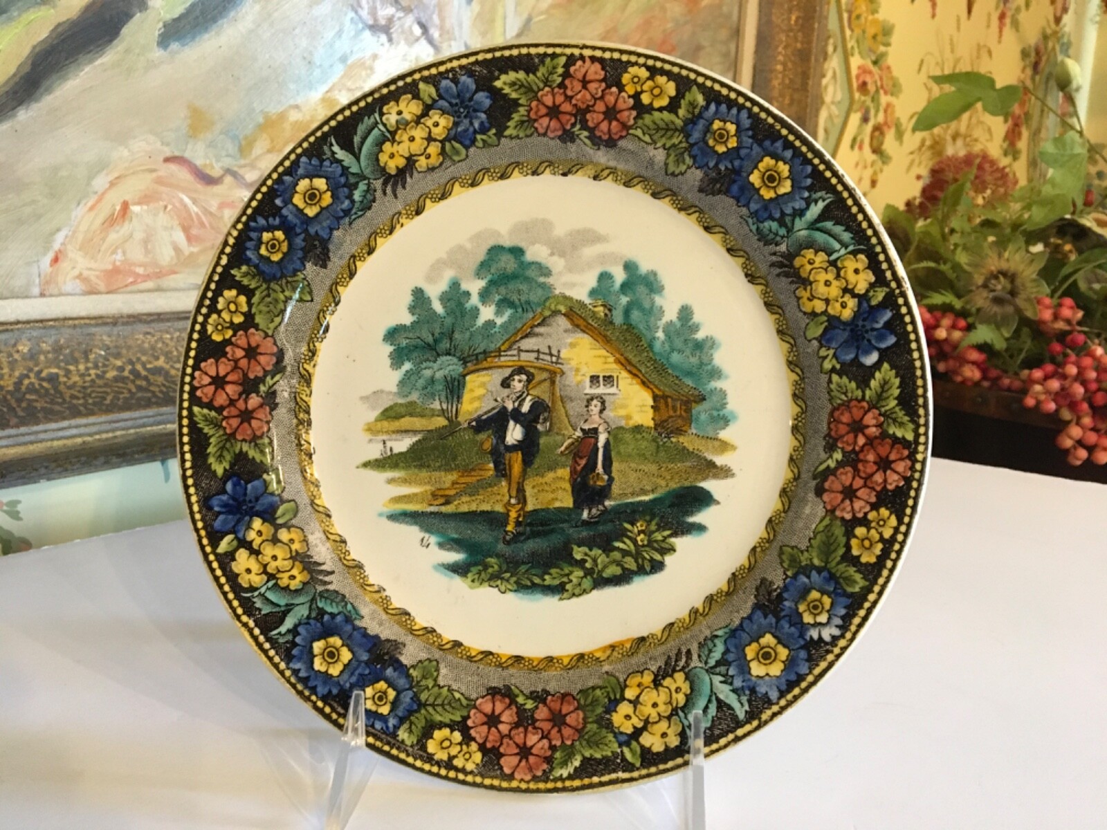 19th Century French Victorian Faience Creamware Plate 1830-1840 Countryside