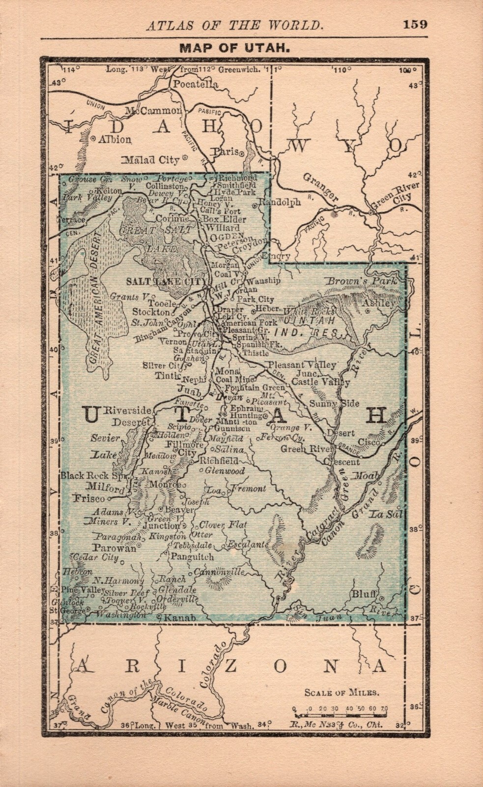Tiny Antique UTAH State Map 1888 Vintage MINIATURE Map of Utah 879