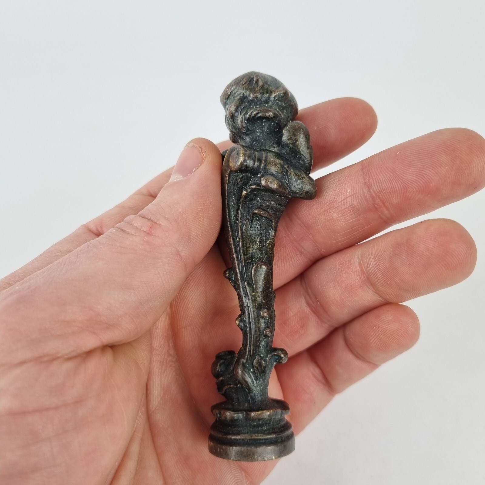 Antique 19th Century Bronze Desk Seal Form Of A Cherub 9.5cm Long