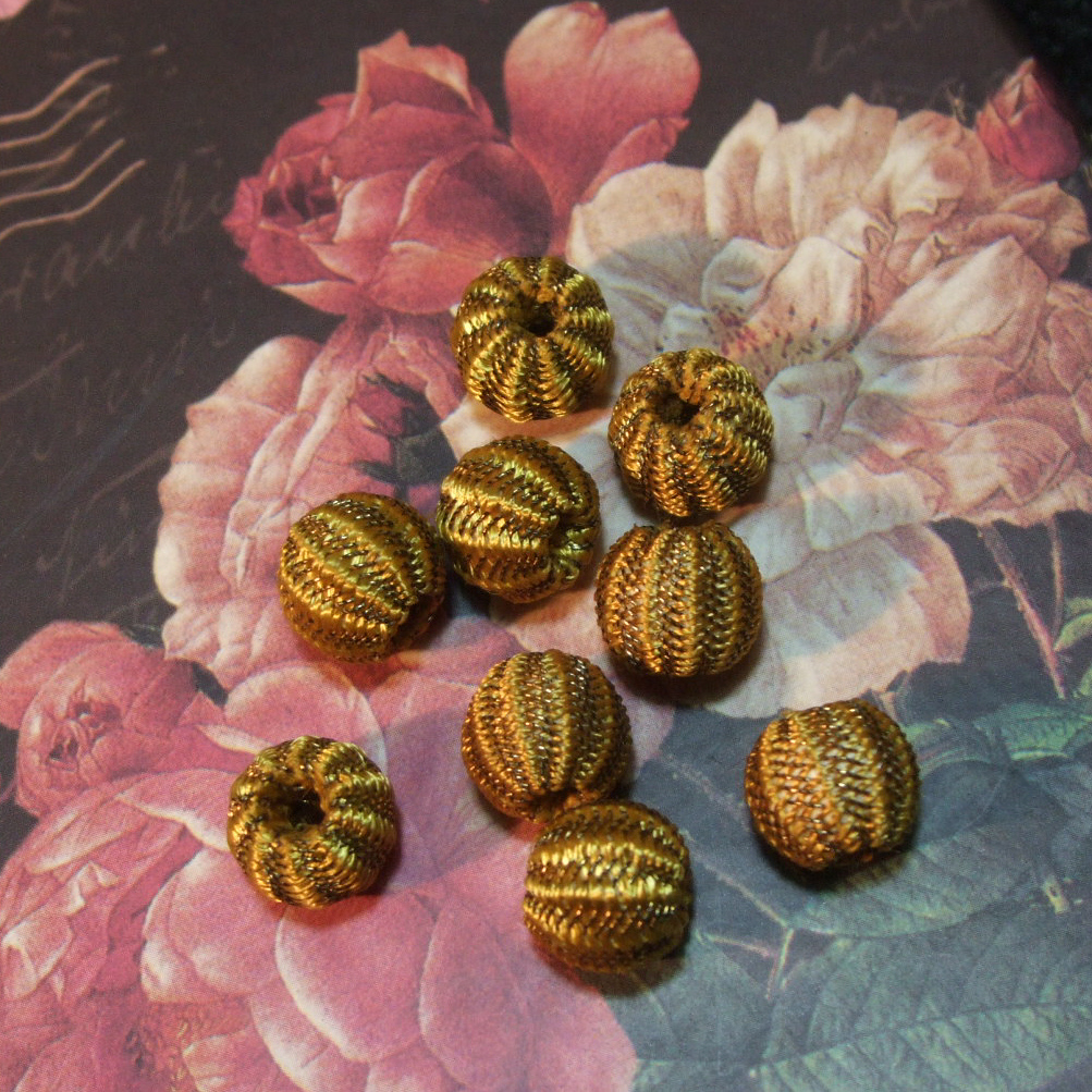 Antique Gold Metallic thread fabric Button Bead Passementerie Bobble Tassel vtg