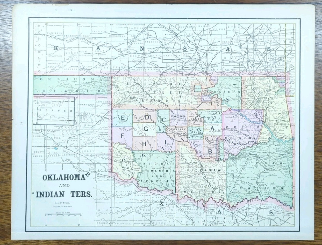 Vintage 1892 OKLAHOMA INDIAN TERRITORY Map 14″x11″ Old Antique Original NATIONS